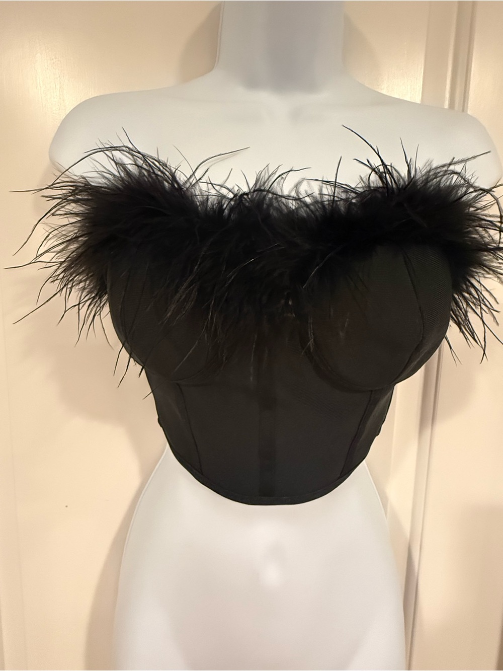 superdown Black Strapless Feather-Trim Corset Top